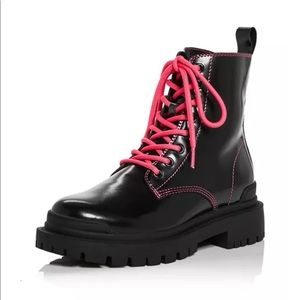 AQUA Combat Boots Ankle booties Quinn black patent neon pink lace up Moto combat